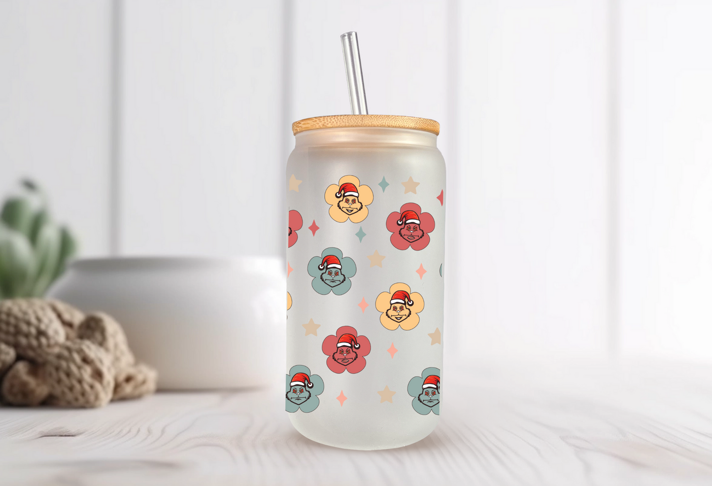 Cute Grinch Tumbler, Grinch Glass Can, Grinchy Christmas, Christmas Coffee cup