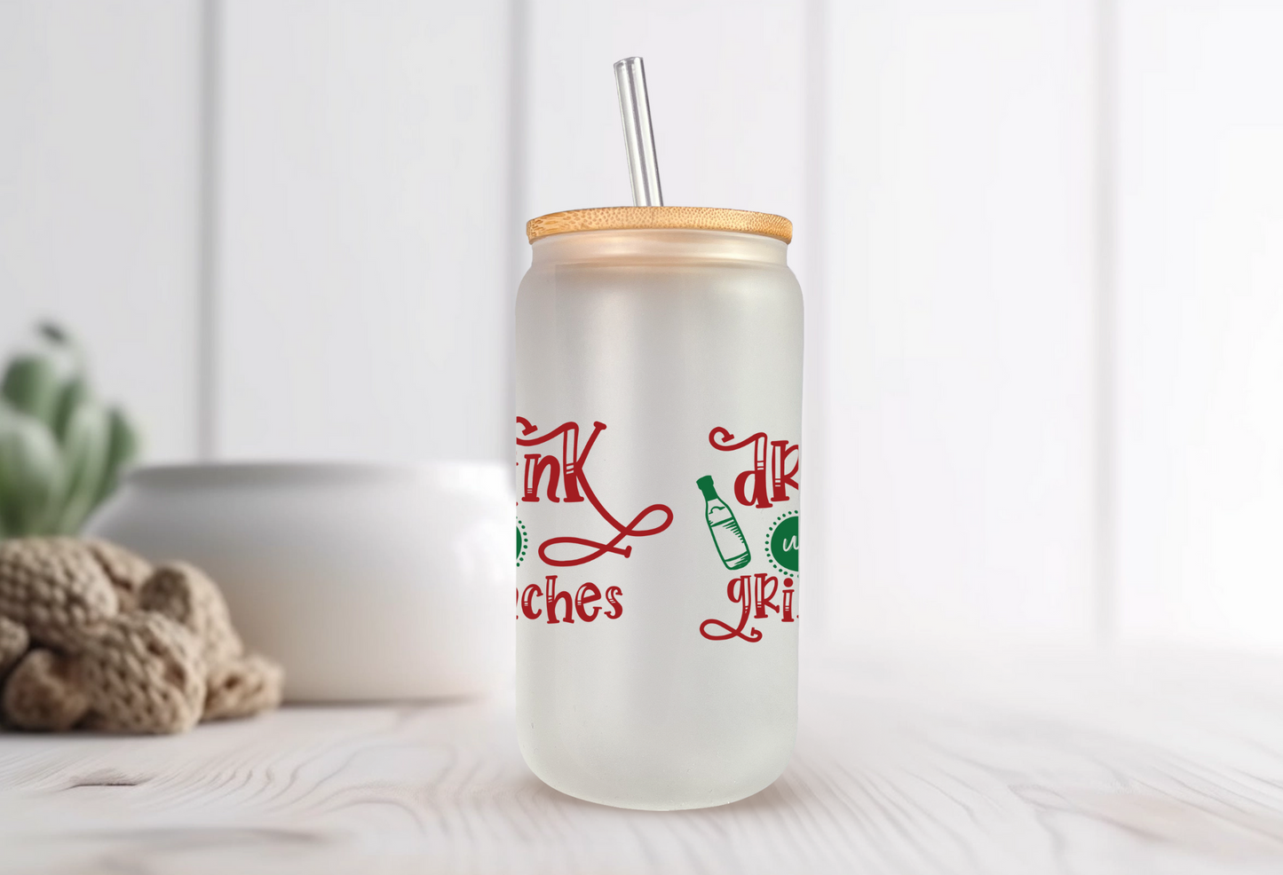 Drink up Grinches Glass Tumbler - Festive Christmas Gift - Holiday Drinkware - Funny Quote - 16oz Christmas Tumbler - Gift for Friends and Family