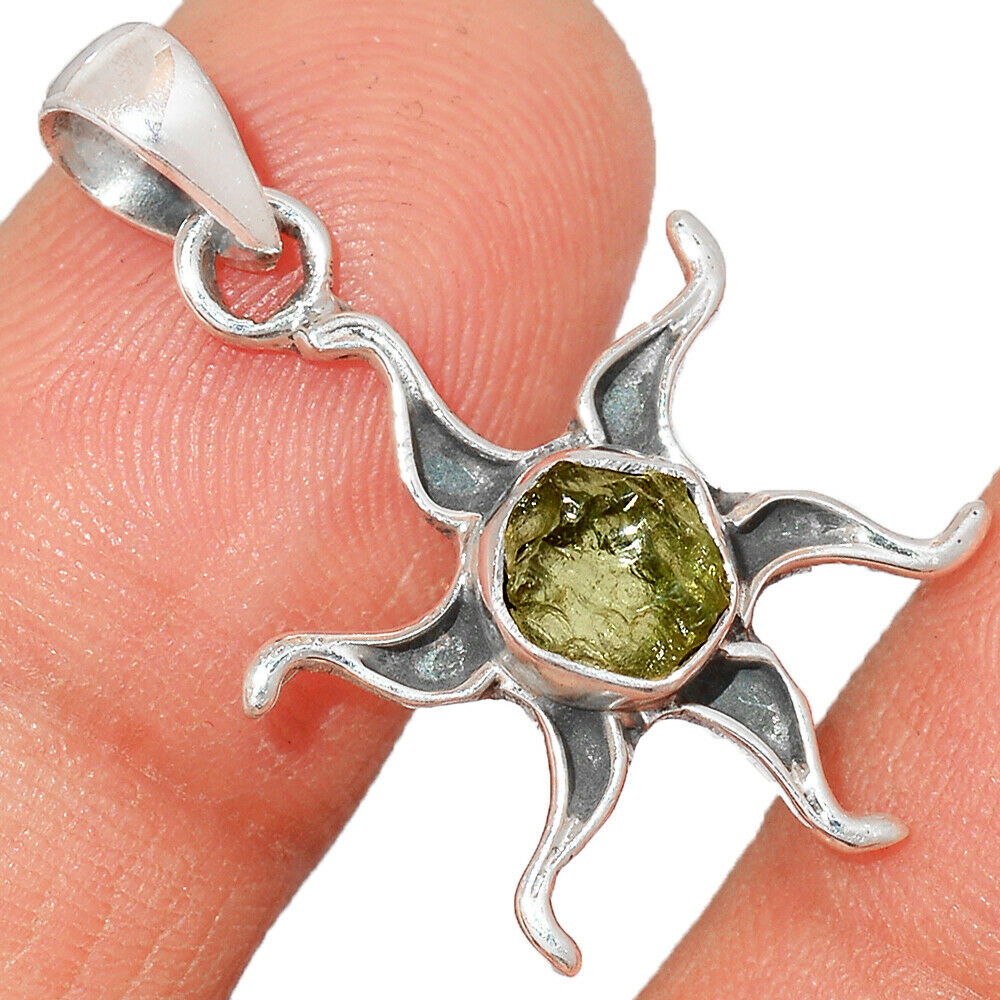 Natural Moldavite Green Aerolites Crystal Energy Stone Pendant in 925 Sterling Silver - dilibeads