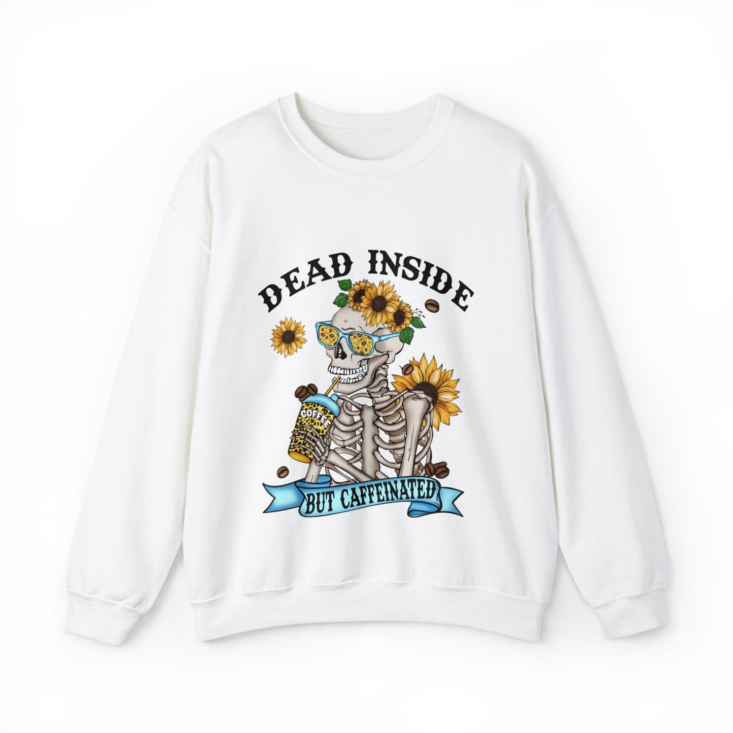 Dead Inside Shirt | Dead Inside But Caffeinated Crewneck Pullover | Holiday Gift Sweater | Funny Skeleton Shirt | Halloween Shirt
