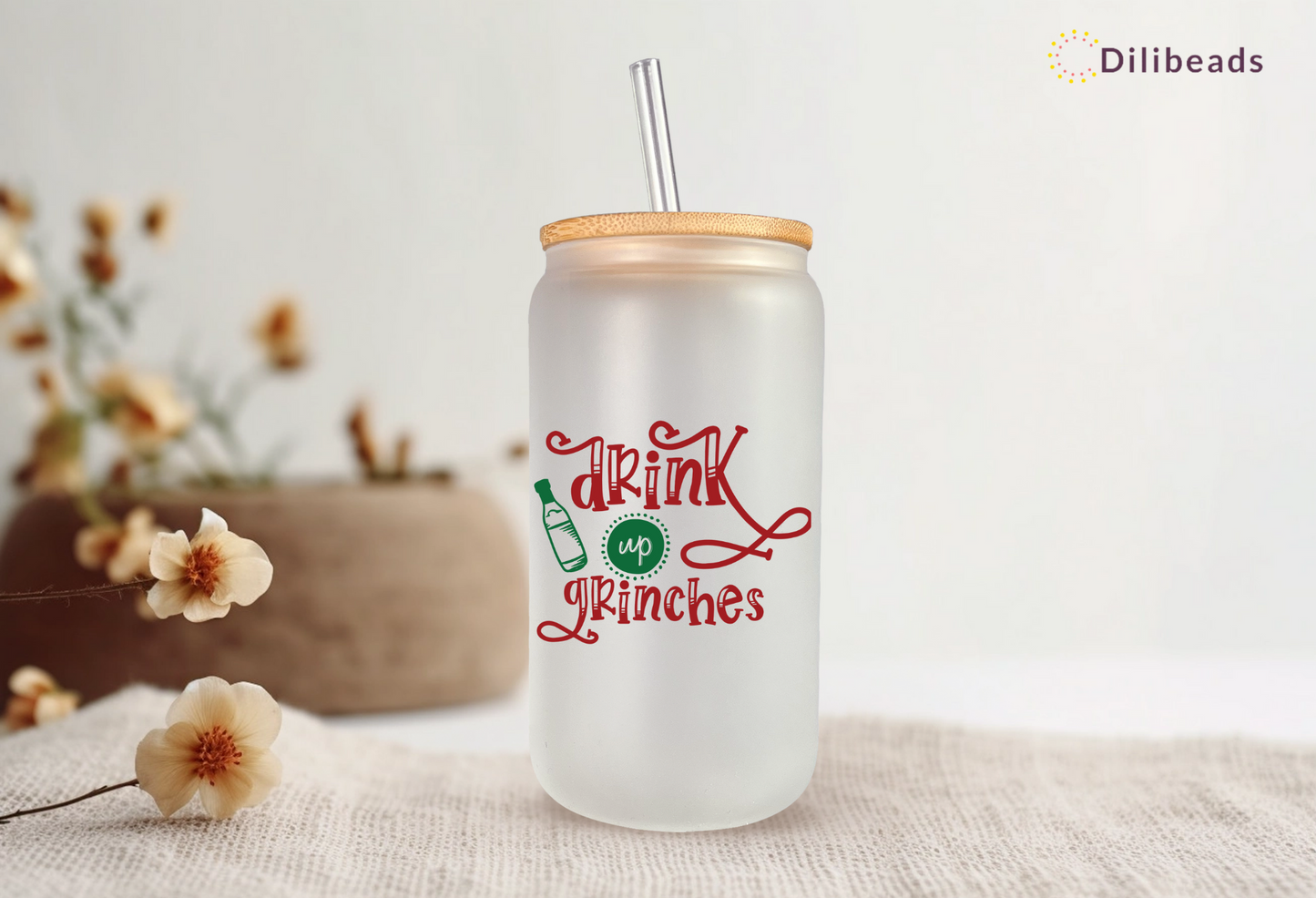 Drink up Grinches Glass Tumbler - Festive Christmas Gift - Holiday Drinkware - Funny Quote - 16oz Christmas Tumbler - Gift for Friends and Family