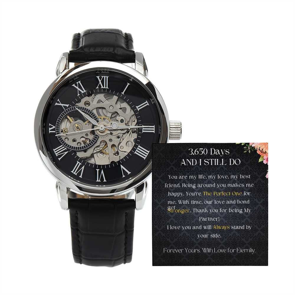 Mens openwork watch for Husband, Crystal Glass Watch with Leather Strap - Husband Gift for 10 Years Anniversary