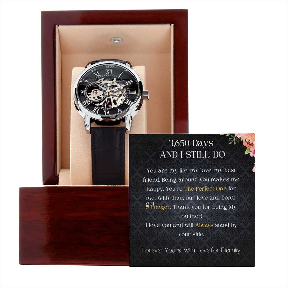 Mens openwork watch for Husband, Crystal Glass Watch with Leather Strap - Husband Gift for 10 Years Anniversary