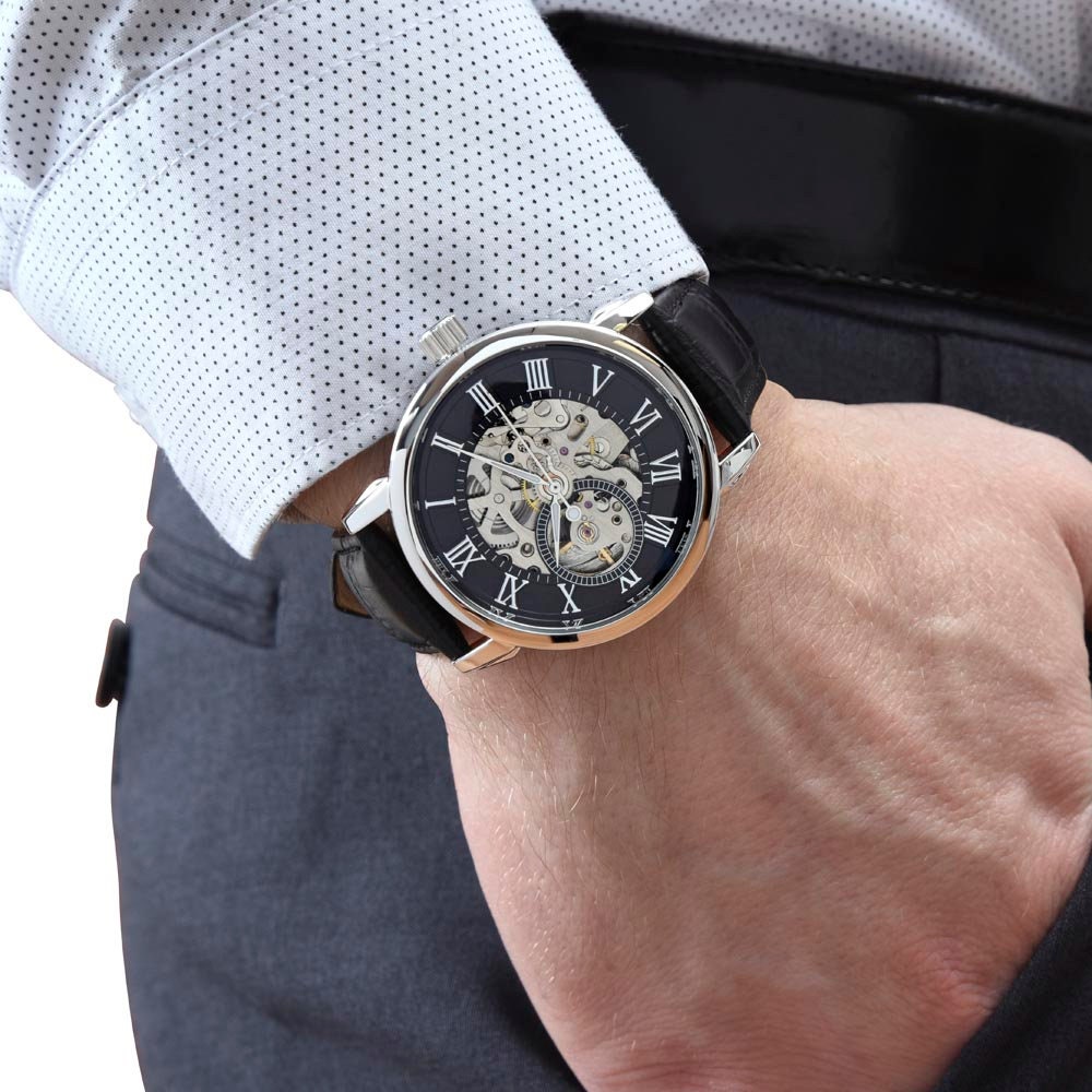 Mens openwork watch for Husband, Crystal Glass Watch with Leather Strap - Husband Gift for 10 Years Anniversary