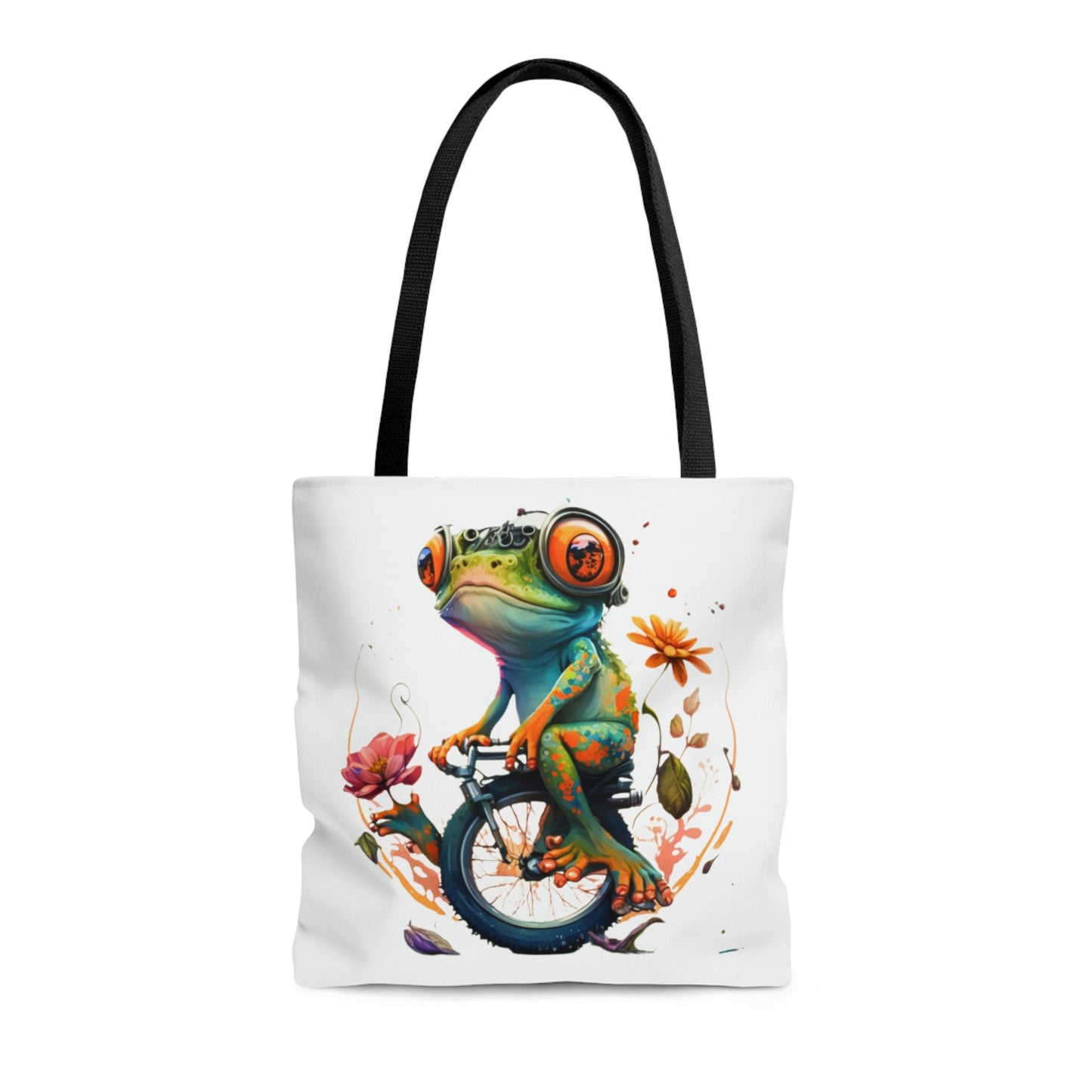 Reusable Shopping Bag Featuring a Charming Frog Riding a Bicycle