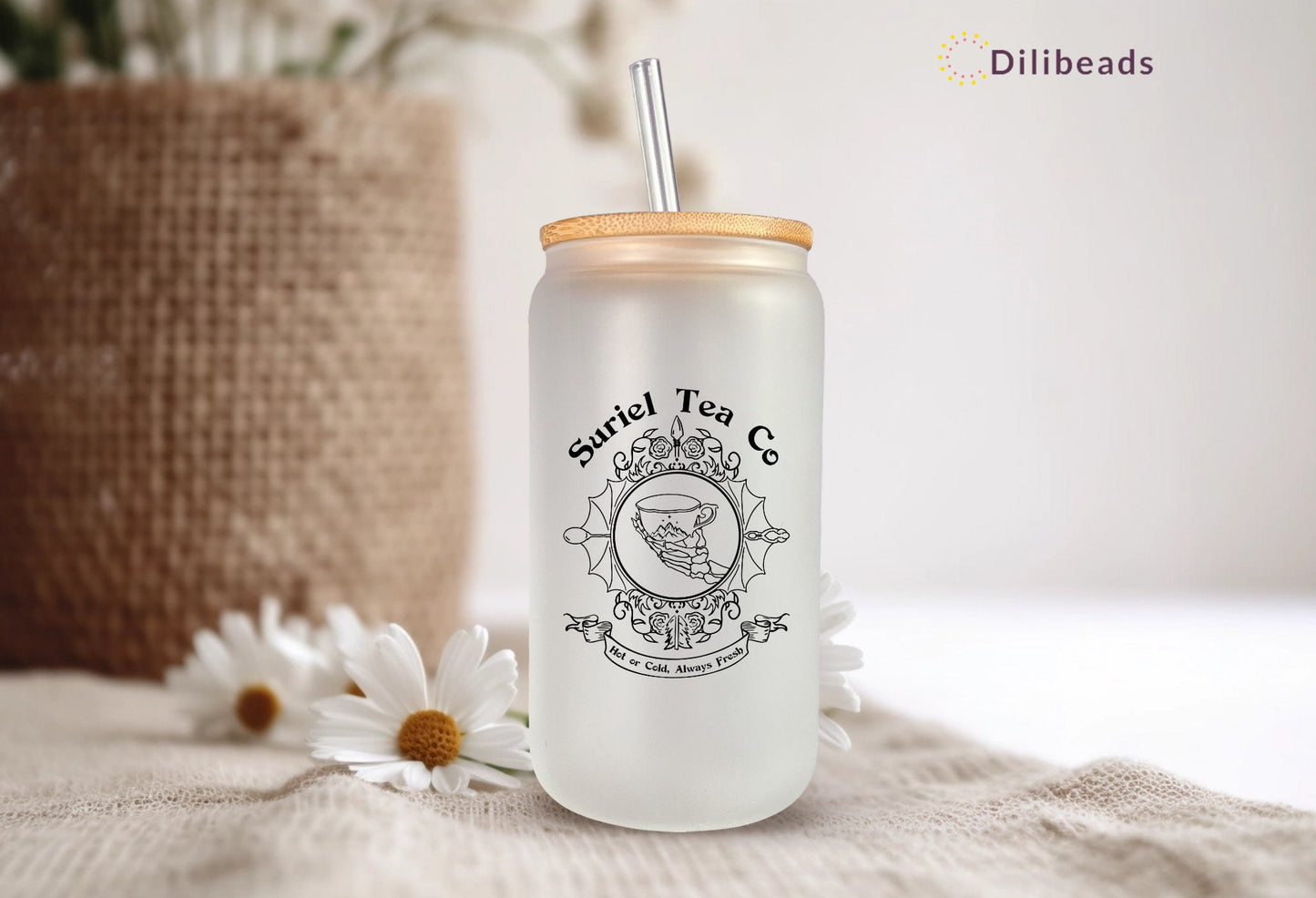 Suriel Tea Tumbler | 16 oz Glass Drinkware | ACOTAR Fans Gift | Sarah J. Maas Fan Gift | Valaries Suriel Tea Co | Hot and Cold Beverage Cup