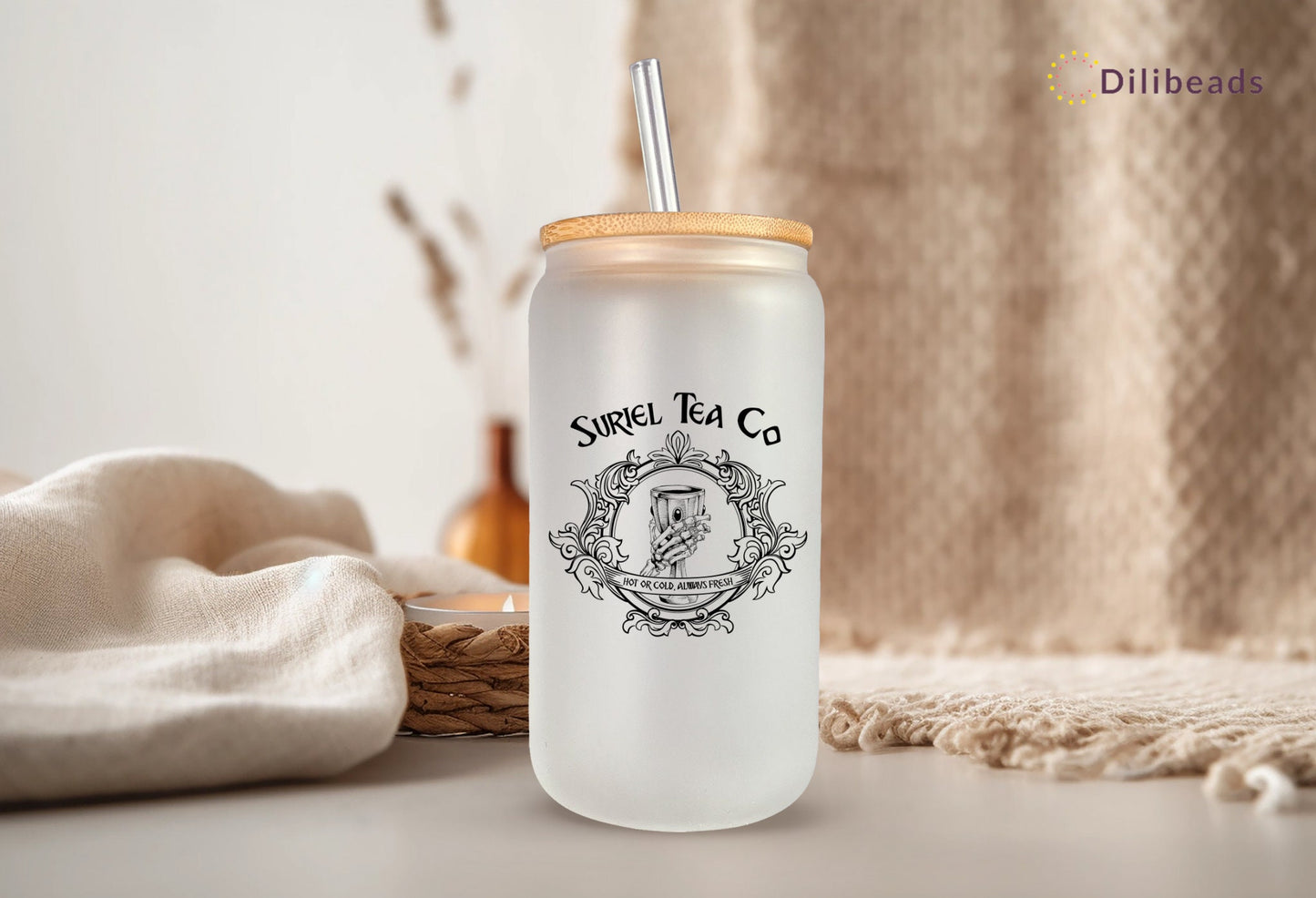 Suriel Tea Lovers Tumbler | 16 oz Glass Cup for Hot & Cold Drinks | ACOTAR Inspired Sarah J. Maas Fan Gift |  Unique Drinkware Bookworm Gift